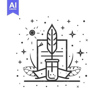Aset desain premium: Inkwell With Quill Pen and Blank Sheet of Paper Surrounded By Stars