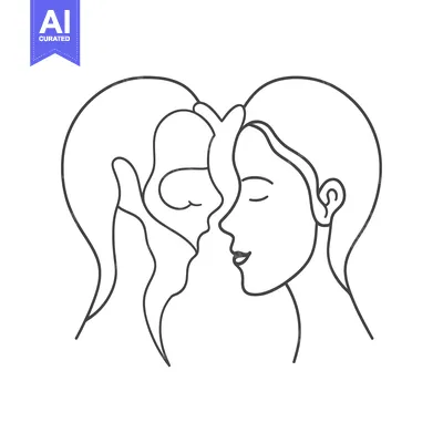 Aset desain premium: Two women in profile sharing a kiss depicted in outline