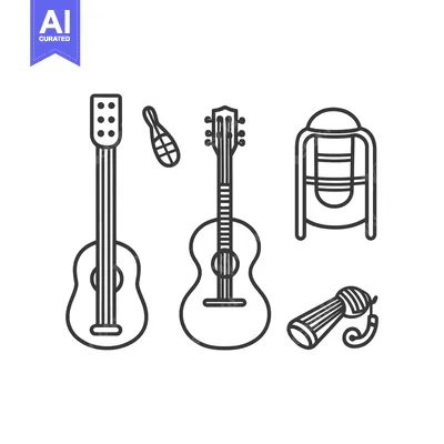 Aset desain premium: Line art musical instruments depicting traditional music concepts