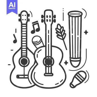 Aset premium populer: Black and white line art of musical instruments and notes