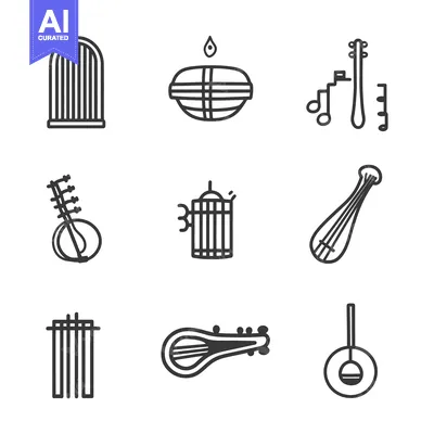 Aset desain premium: Various musical instruments and related decorative objects are display