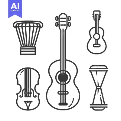 Aset premium populer: Various line art depictions of musical instruments are shown