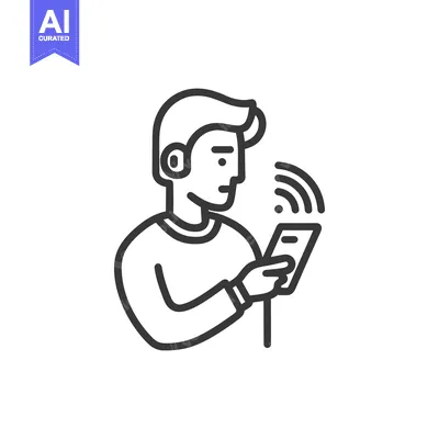 Aset premium populer: Man Using Smartphone with Wireless Connection Icon, Line Art Style