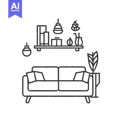 A line drawing illustration of a living room interior design