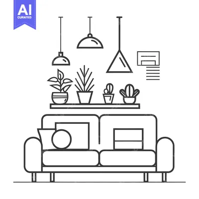 Aset desain premium: A minimalist line art illustration of an interior living room