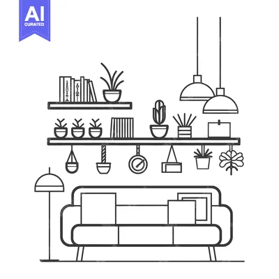 Aset desain premium: An illustrated interior design of a living room arrangement