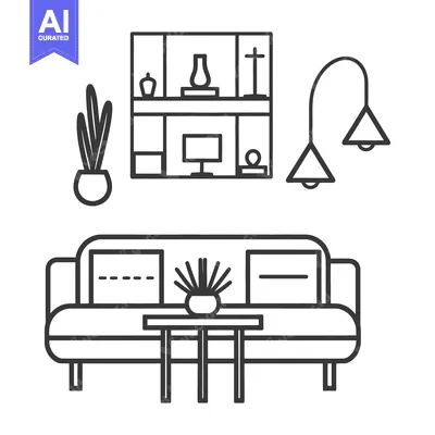 Aset premium populer: A line drawing depicts modern living room furniture and decor