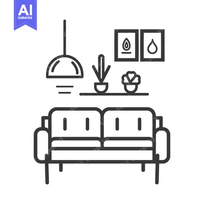 Aset desain premium: A minimalist line drawing depicting a modern interior living space