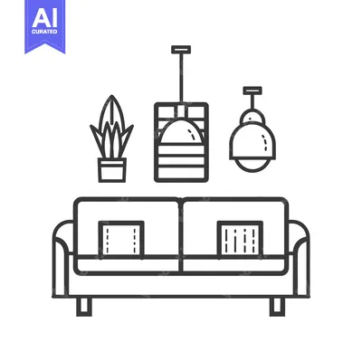Vector illustration shows a sofa with lamps and a plant in a space