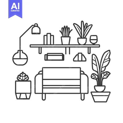 Aset premium populer: An interior line drawing features furniture and potted houseplants