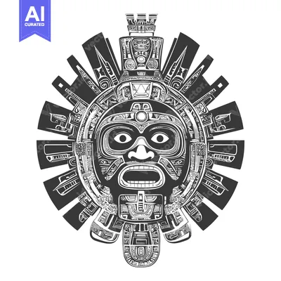 Aset premium populer: Intricate Black and White Aztec Mask with Geometric Design