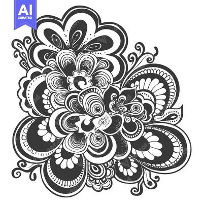 Aset desain premium: Intricate Black and White Floral Design with Swirls and Circles