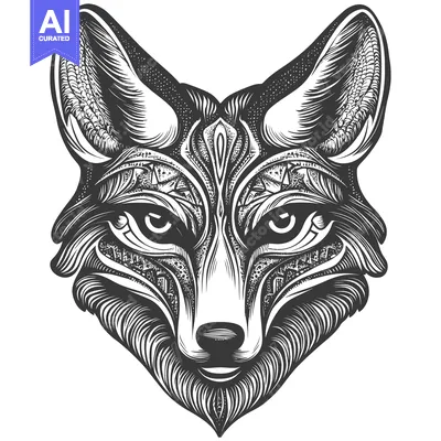 Aset desain premium: Intricate Black and White Fox Head Illustration