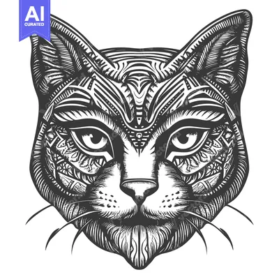 Aset premium populer: Intricate Black and White Illustration of a Cat's Head