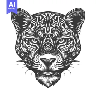 Aset desain premium: Intricate Black and White Illustration of a Cougar Head