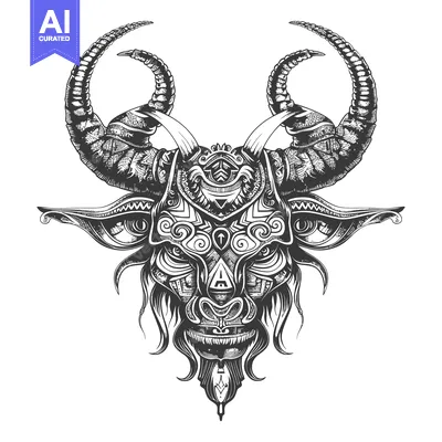 Popular premium asset: Intricate Black and White Illustration of a Demon Goat Skull with Curl