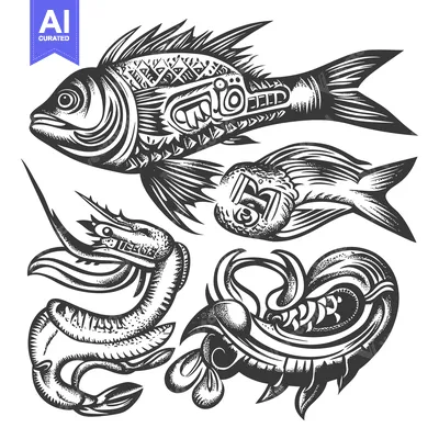 Aset premium populer: Intricate Black and White Illustration of a Fish and Two Shrimp