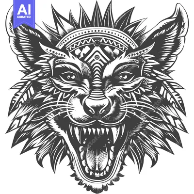 Popular premium asset: Intricate Black and White Illustration of a Growling Wolf Head