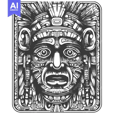 Aset desain premium: Intricate Black and White Illustration of a Mayan Deity's Face