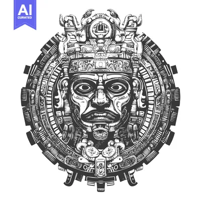 Aset premium populer: Intricate Black and White Illustration of a Mayan Deity's Face