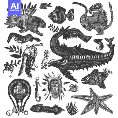 Popular premium asset: Intricate Black and White Illustration of Various Aquatic Creatures an