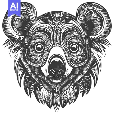Aset premium populer: Intricate Black and White Koala Face with Ornamental Detail