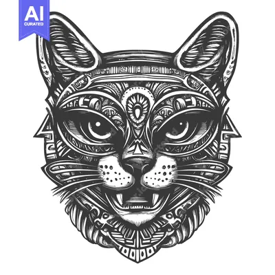 Premium design asset: Intricate Black and White Line Art Illustration of a Cat's Face