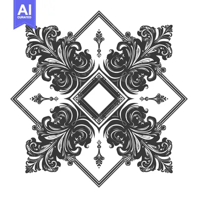 Aset desain premium: Intricate Black and White Ornate Floral Design with a Diamond Center