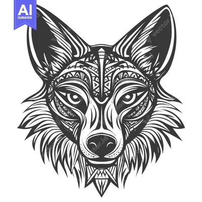 Premium design asset: Intricate Black and White Wolf Head Design with Geometric Patterns