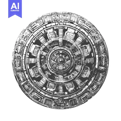Aset desain premium: Intricate Circular Design with Geometric Patterns and Symbolic Motifs