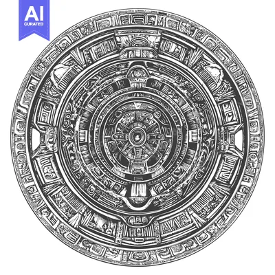 Aset desain premium: Intricate Circular Design with Mayan-Inspired Glyphs and Symbols