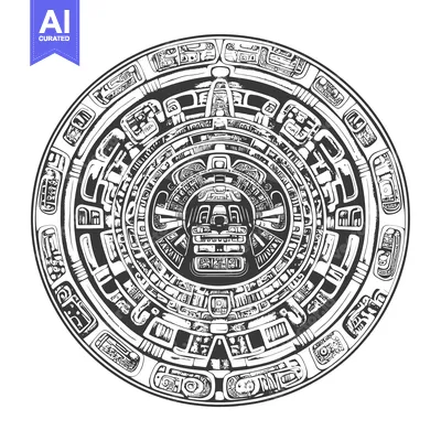 Aset desain premium: Intricate Circular Mayan Calendar Design with Central Deity Face