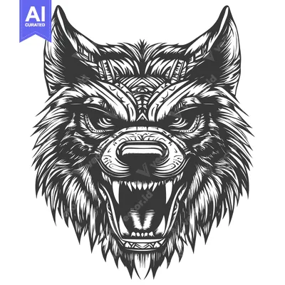 Aset premium populer: Intricate Detailed Black and White Wolf Head with Open Mouth and Fangs