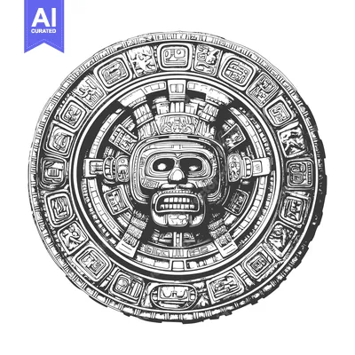 Aset premium populer: Intricately Carved Circular Stone with a Central Mayan Face Depiction