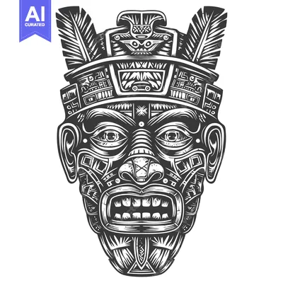 Aset premium populer: Intricately Designed Black and White Mayan Mask with Feathers
