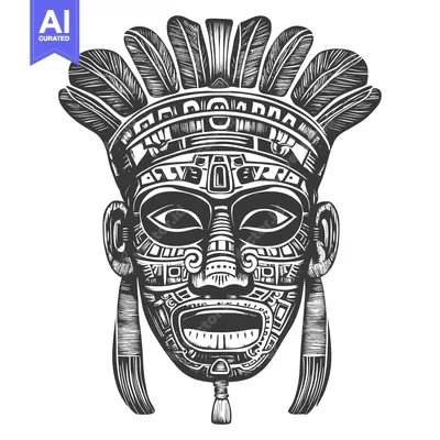 Aset desain premium: Intricately Designed Traditional Tribal Mask with Feathers and Geometr