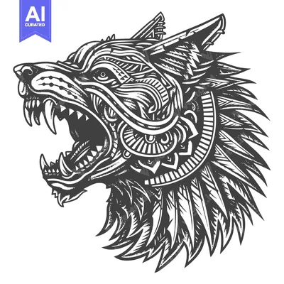 Aset premium populer: Intricately Designed Wolf Head with Open Mouth and Sharp Teeth