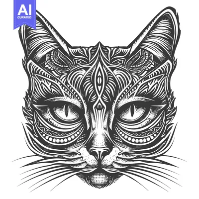 Aset premium populer: Intricately Detailed Black and White Cat Face with Geometric Patterns