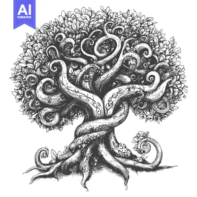 Premium design asset: Intricately Detailed Black and White Illustration of a Twisted Tree wi