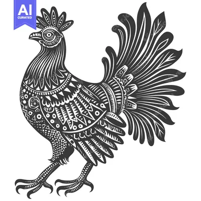 Aset desain premium: Intricately Detailed Black and White Rooster Illustration