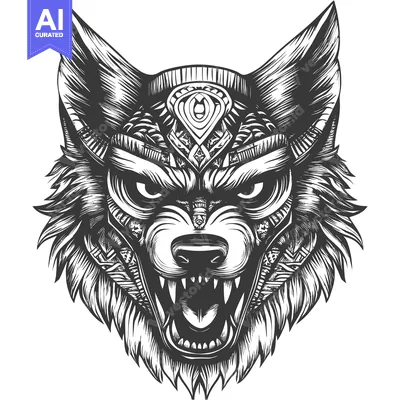 Aset desain premium: Intricately Detailed Black and White Wolf Head with Geometric Pattern