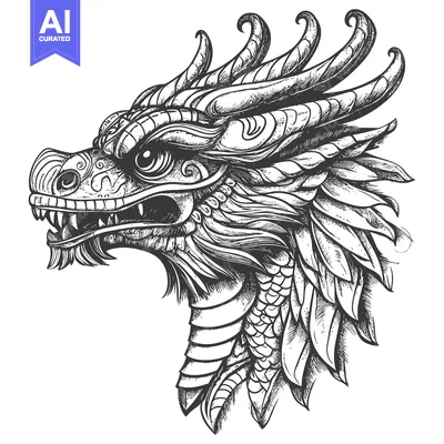 Aset desain premium: Intricately Detailed Hand-Drawn Dragon Head Illustration