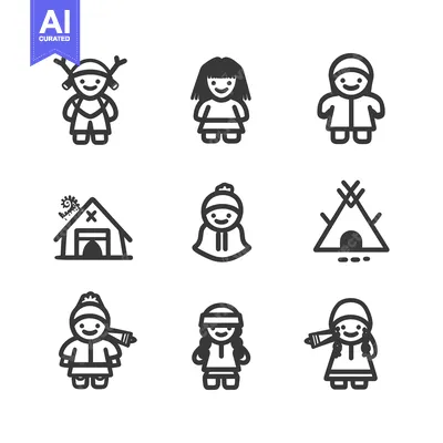 Download Inuit Culture Icon Set with People, Shelter, and Traditional Clothing Vector Graphic