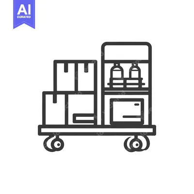 Aset premium populer: Minimalist Icon of a Trolley with Boxes and Bottles, Black Outline