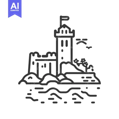 Premium design asset: A coastal landscape featuring a castle on a rocky island