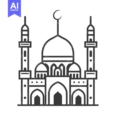 Premium design asset: A symmetrical outline illustration of an islamic mosque with towers