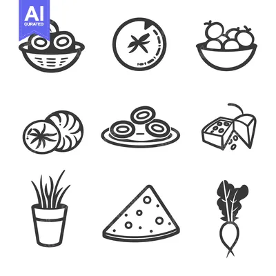 Aset premium populer: Black and white food icons featuring various types of produce