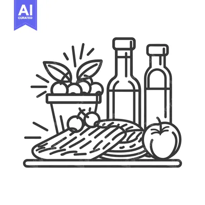 Artistic illustration of various fruits and beverages in a line drawin