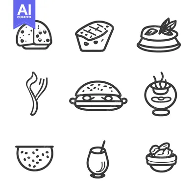 Aset desain premium: Nine Simple Line Drawings Representing Various Food Items