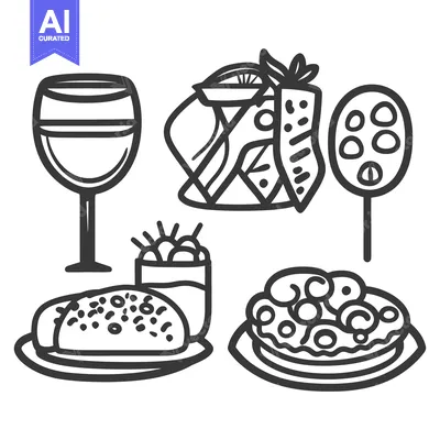 Aset desain premium: Several illustrations of various dishes and beverages for a meal